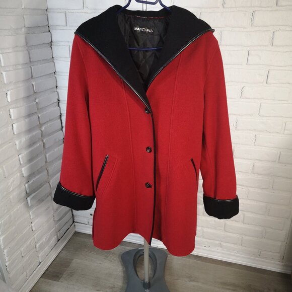Marcona Ladies Red & Black Lined Button Closure Wool Blend Pea Coat w/ Hood - Picture 1 of 9